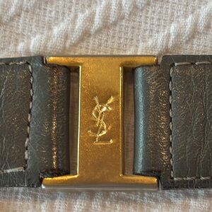 Vintage YSL Gray Leather Belt with Gold Buckle